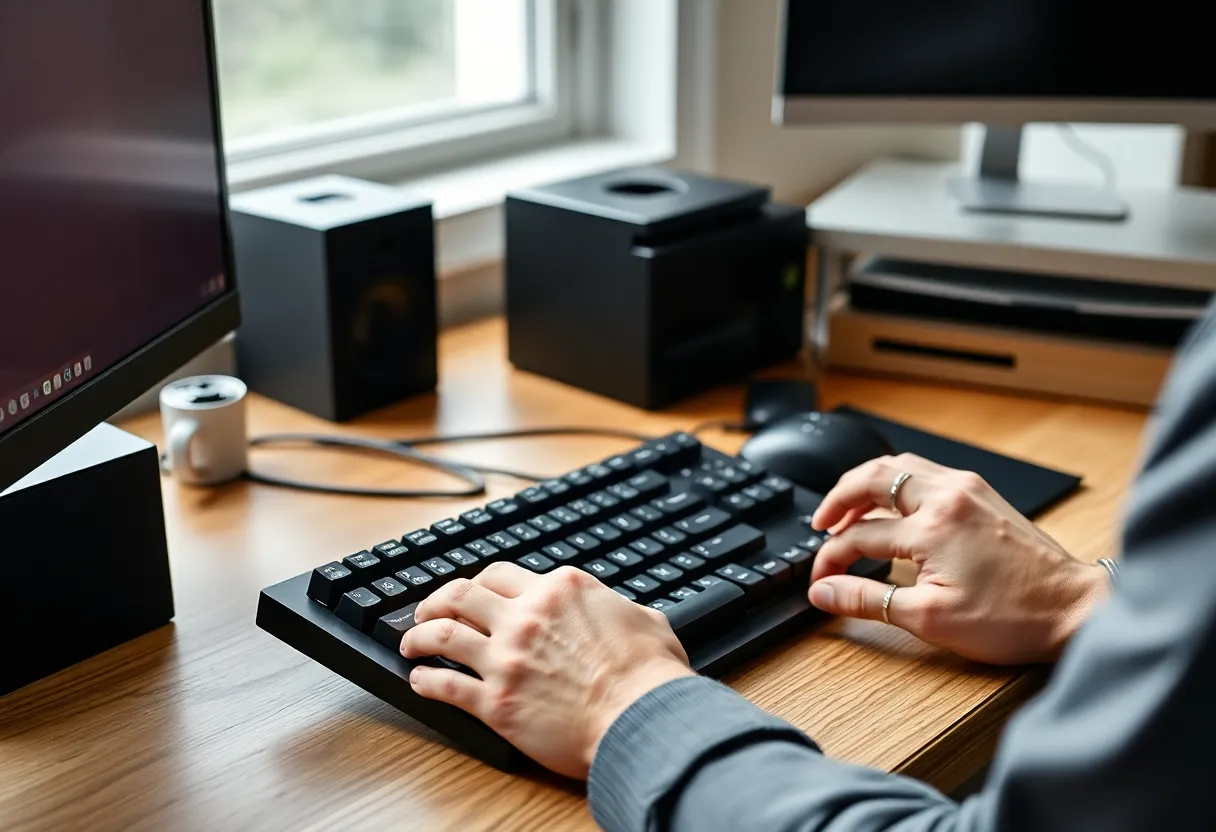Person typing on mechanical keyboard at desk
