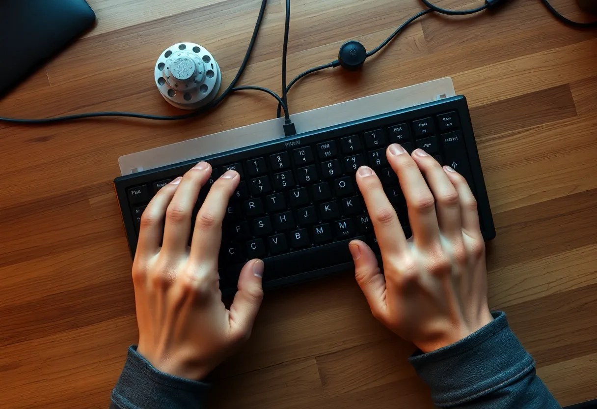 Hands typing on mechanical keyboard, top-down view with natural lighting