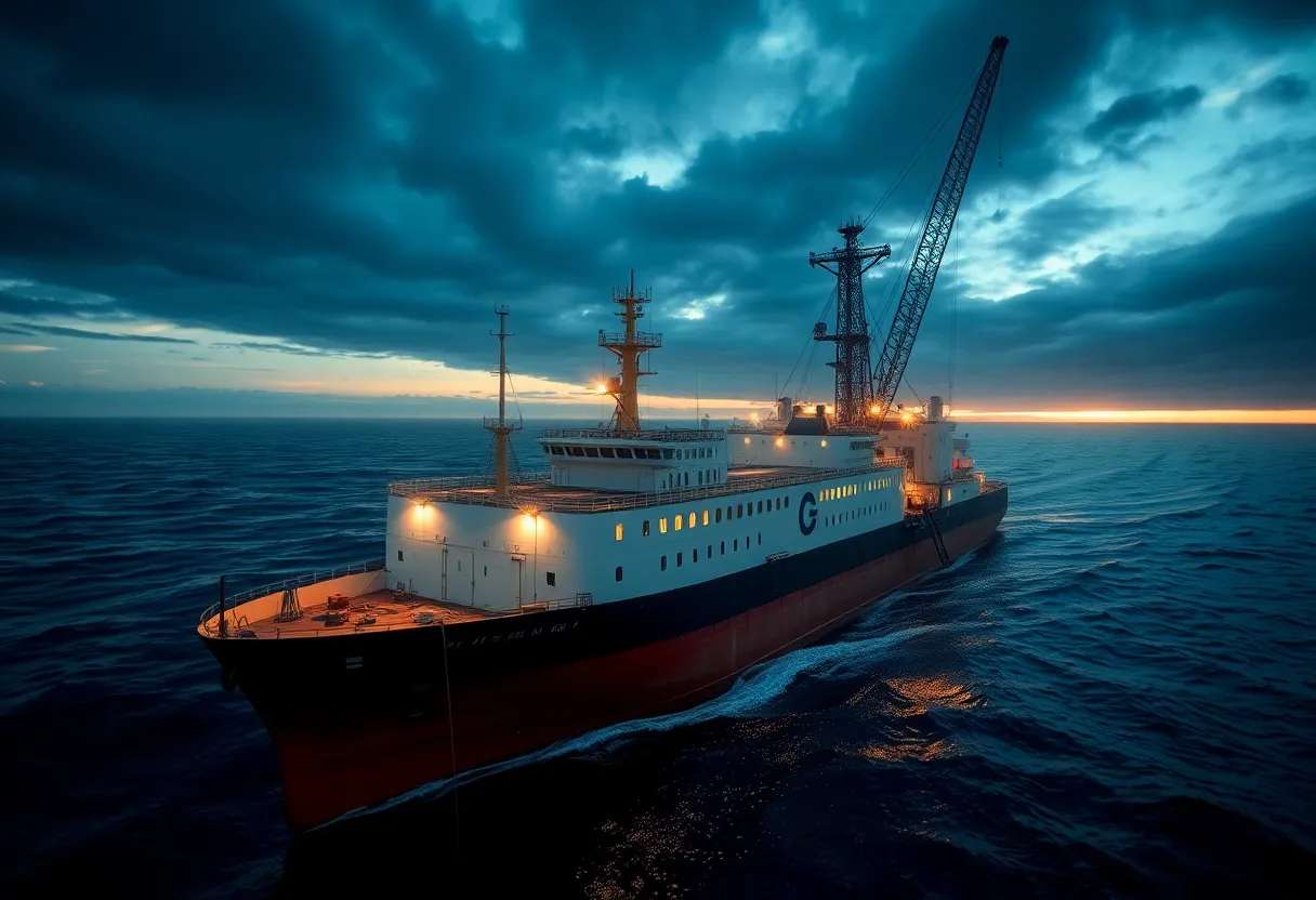 Submarine cable repair ship at sea, crane lifting cable from ocean
