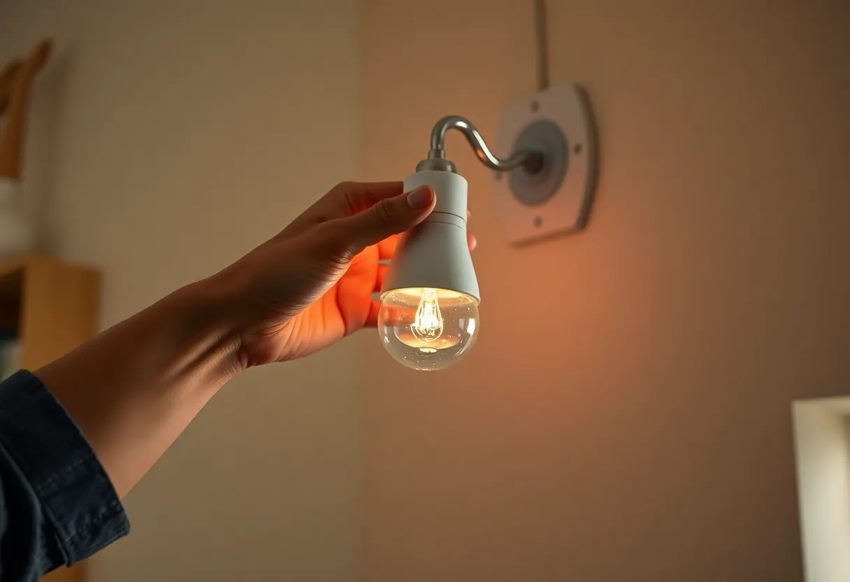 Person installing smart LED bulb into lamp socket in home interior