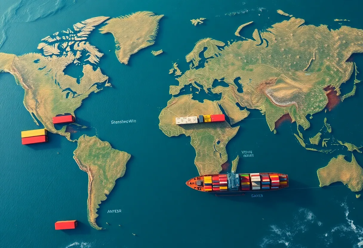 Global supply chain with shipping containers and cargo ships, aerial view