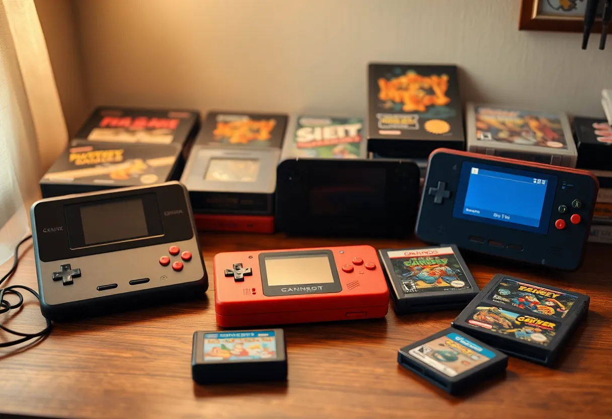 Handheld retro gaming devices and game cartridges on wooden table, nostalgic collection