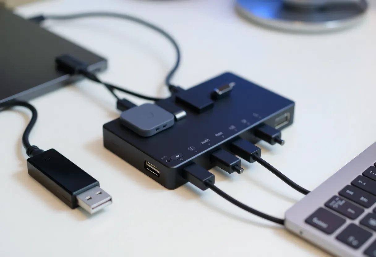 USB-C hub with multiple ports and cables on a clean desk