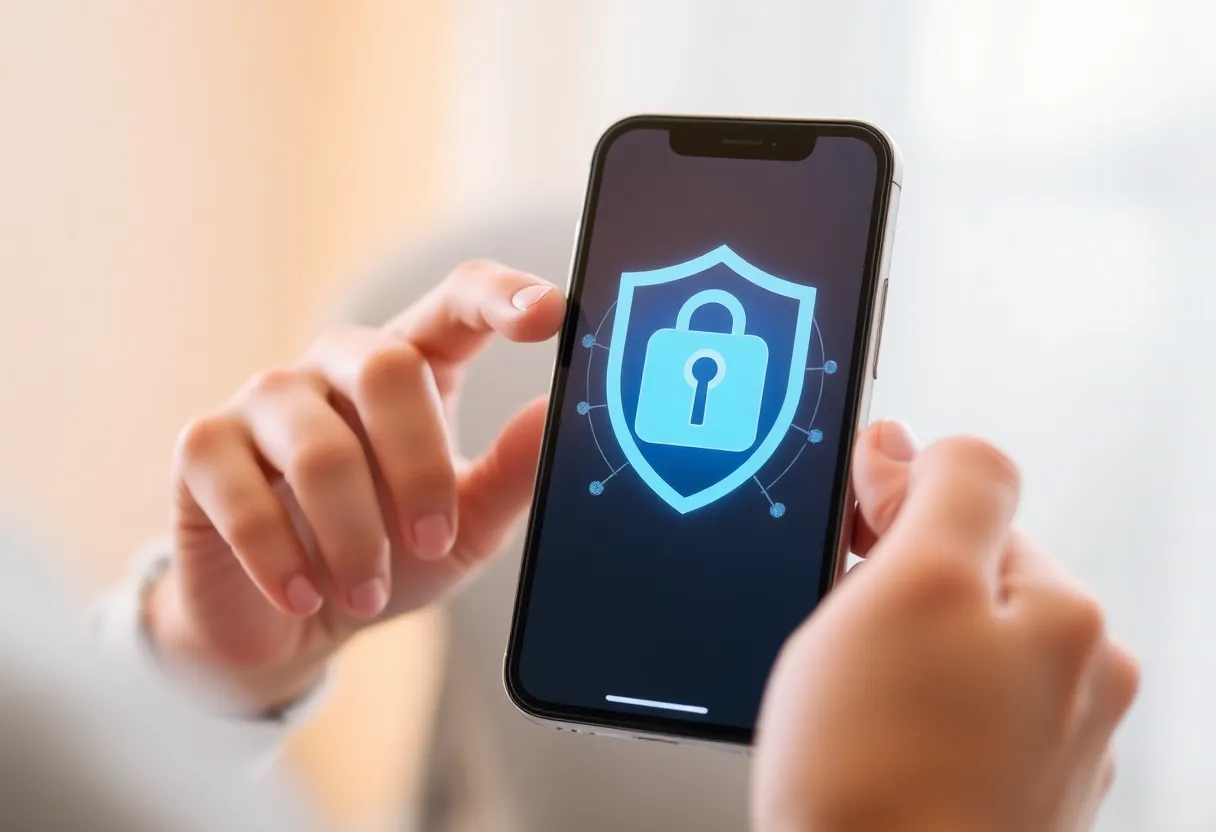 Person using secure app on phone, privacy concept