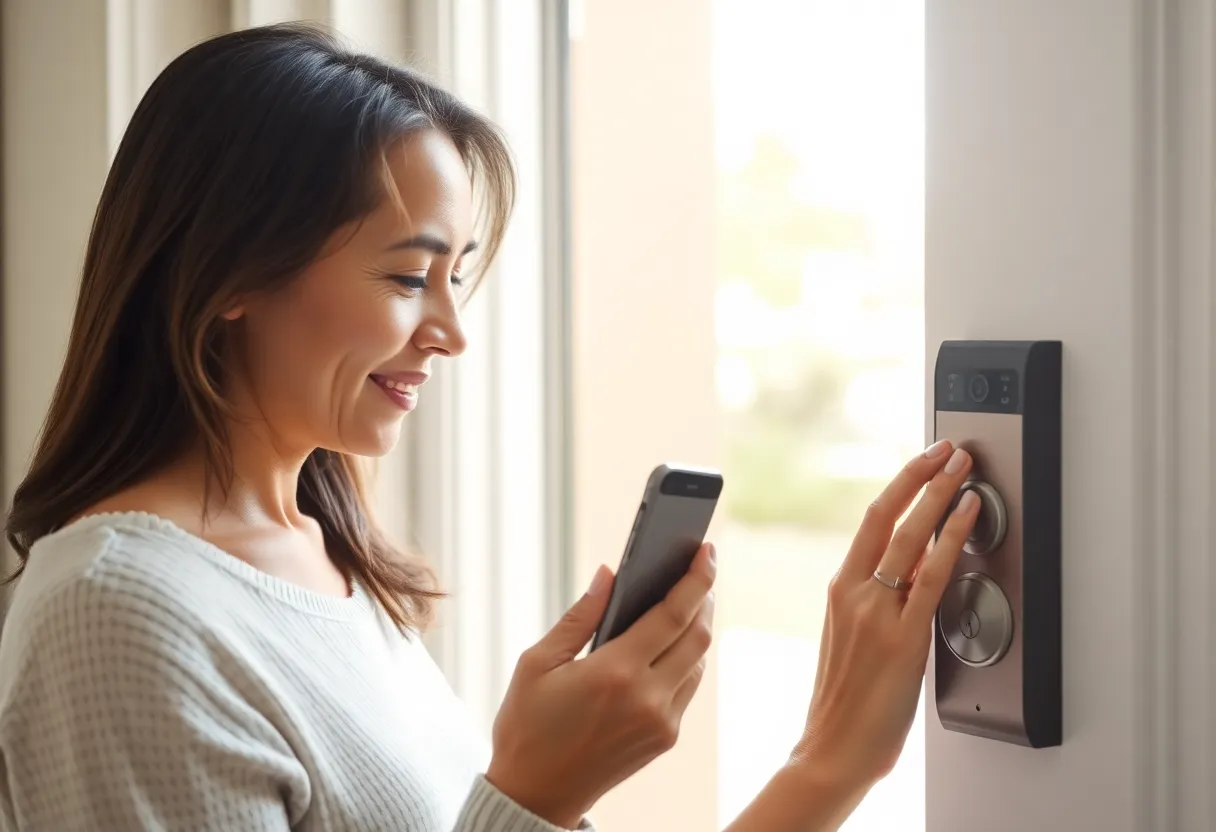 Homeowner checking smart lock app at front door