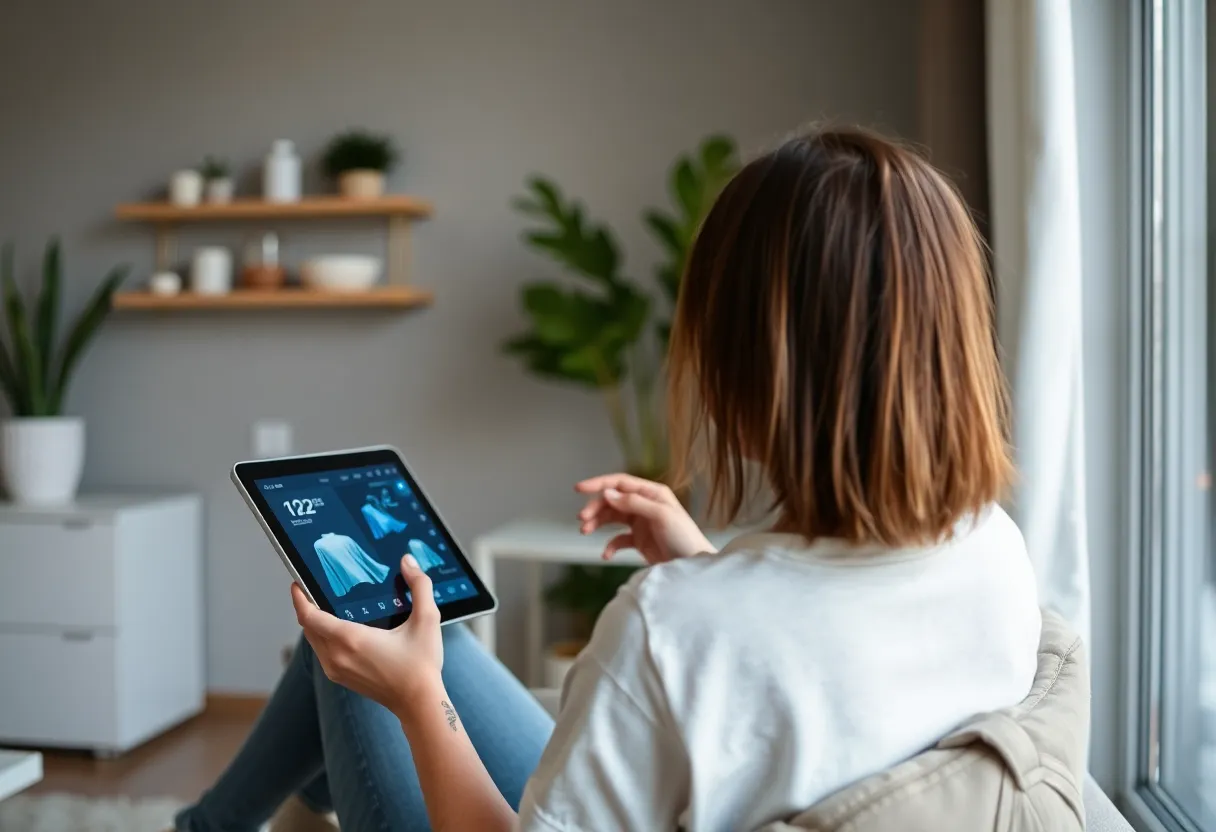 Person reading air quality app on tablet in modern home
