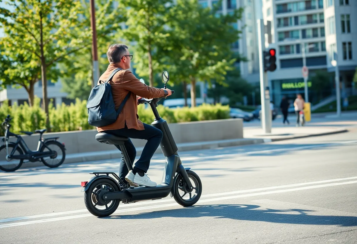 Commuter on electric scooter in city bike lane