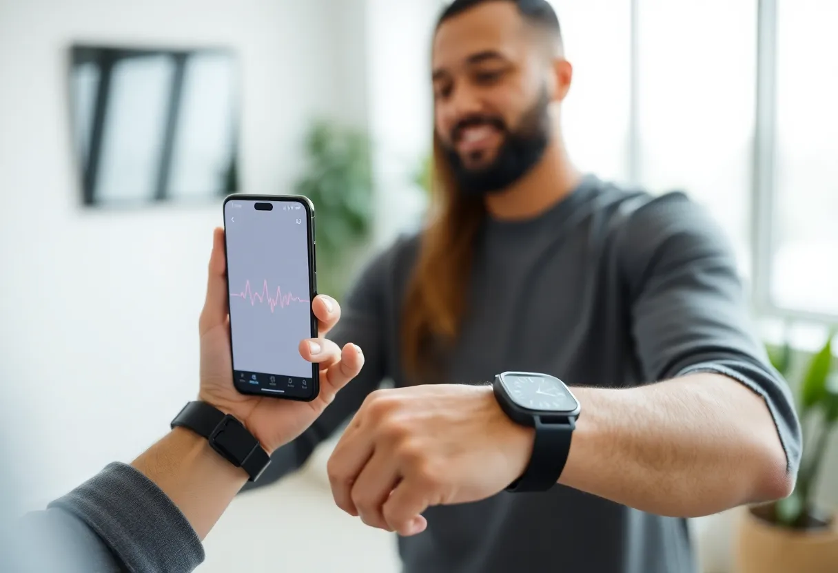 Person checking heart rhythm on smartphone app with wearable health data