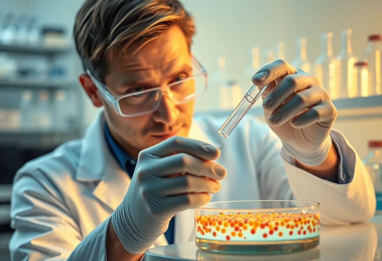 Researcher examining cell culture in biotechnology lab