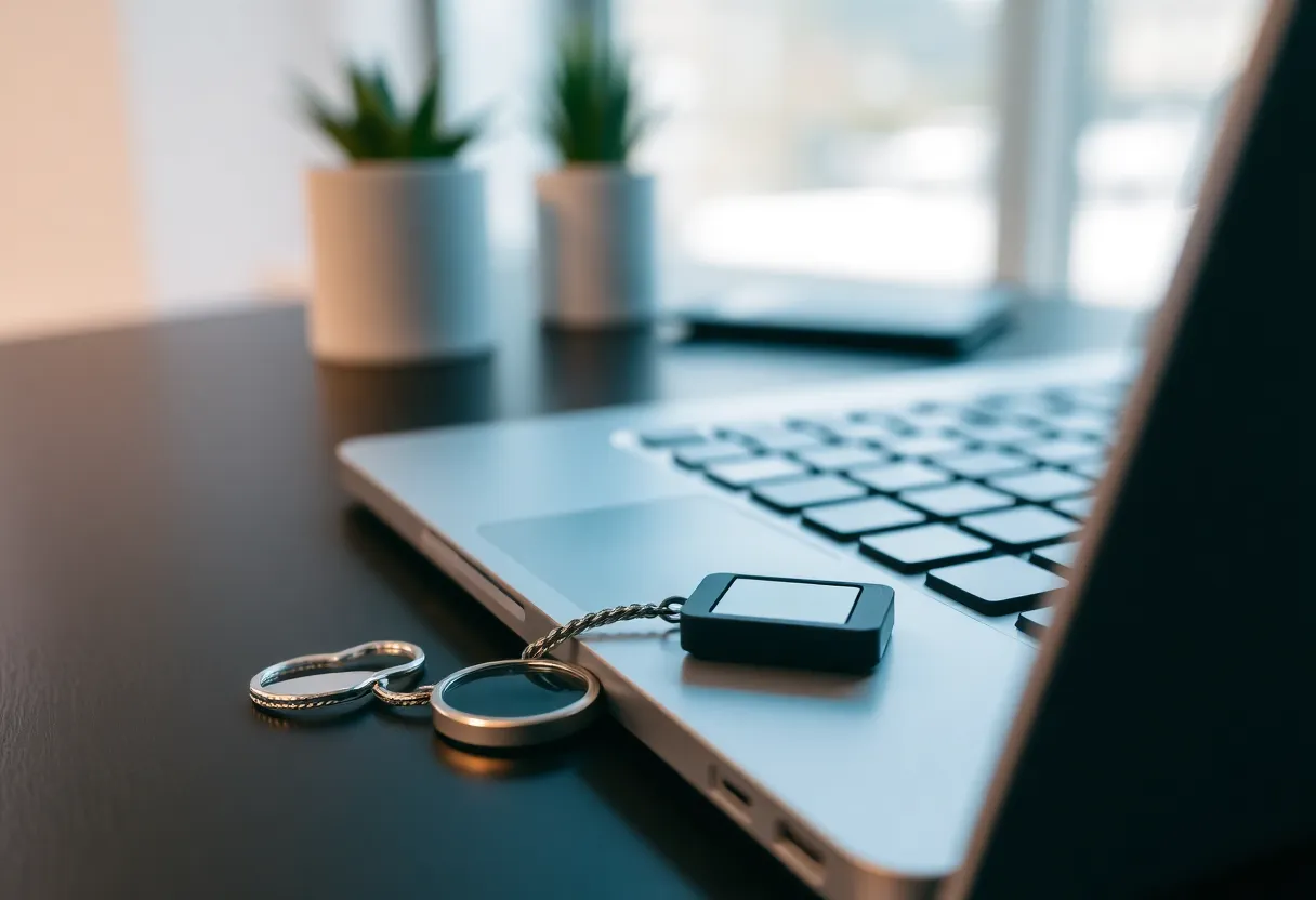 Hardware security key on desk next to laptop