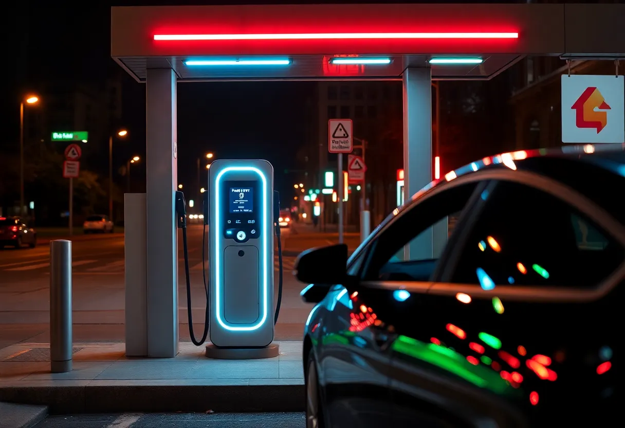 EV fast charging station at night
