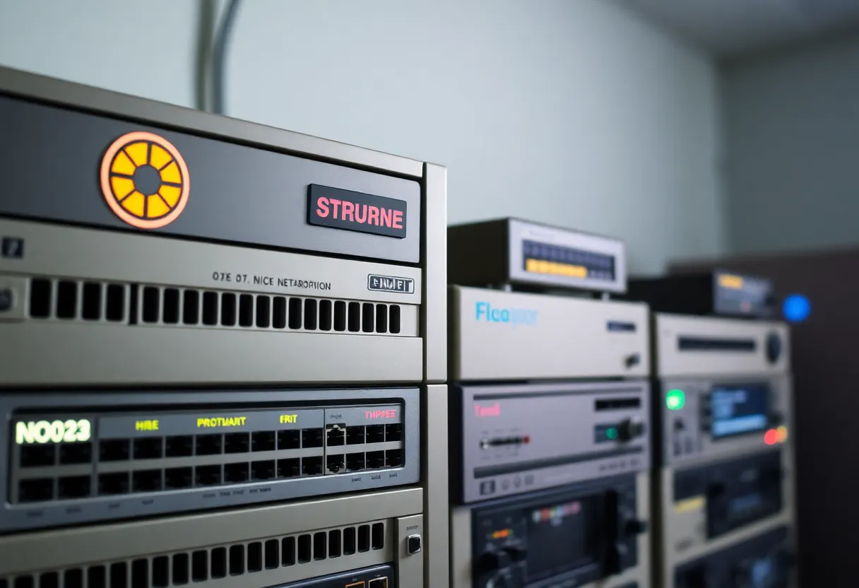 Retro tech logos and branding on vintage networking equipment