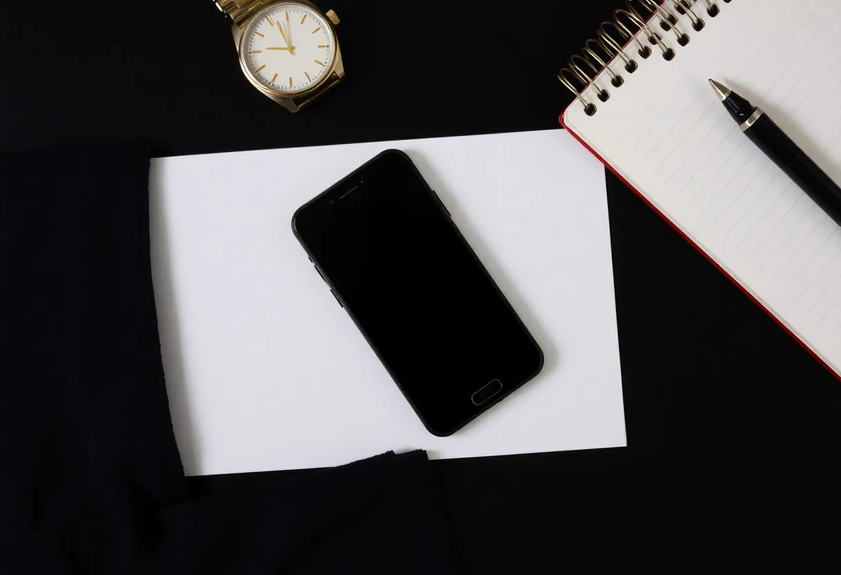 Minimal desk with notebook and analog watch, phone absent