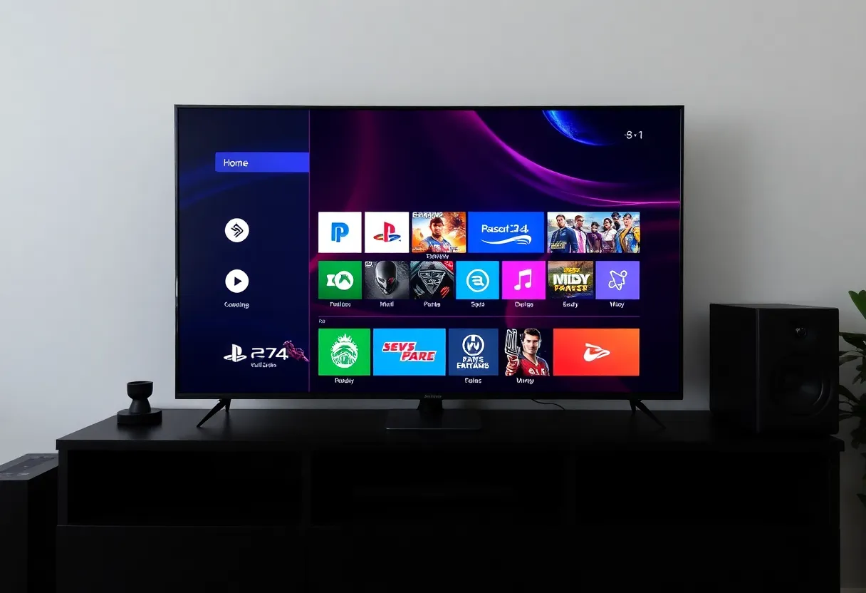 Game console home screen with tiles and menus