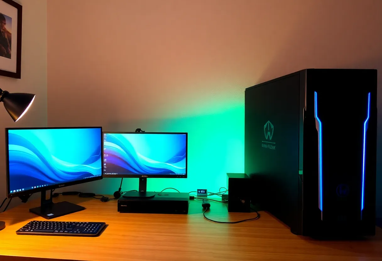 Home office with work and gaming setup, dual computers and monitors