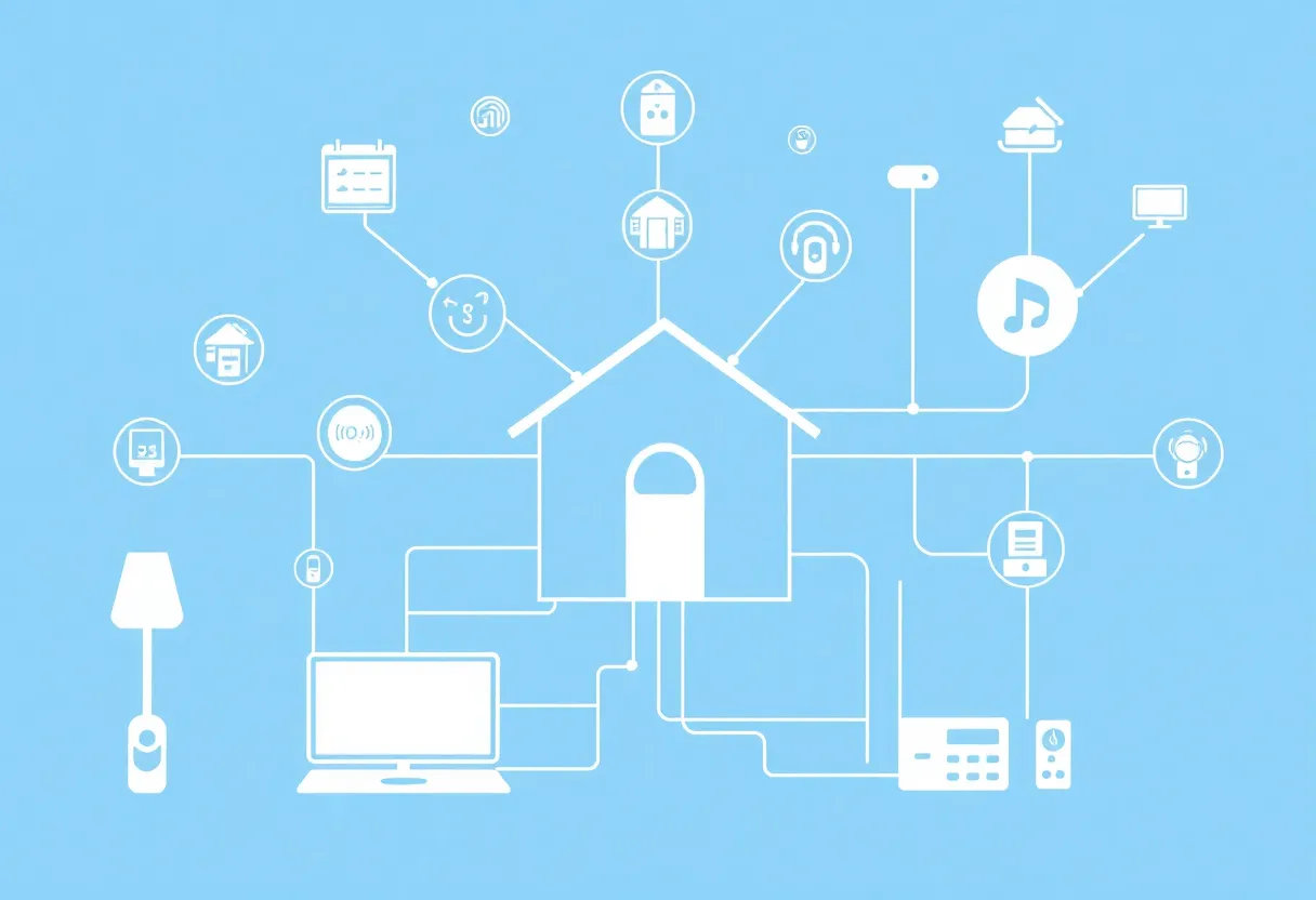 Smart home hub and connected IoT devices with network diagram
