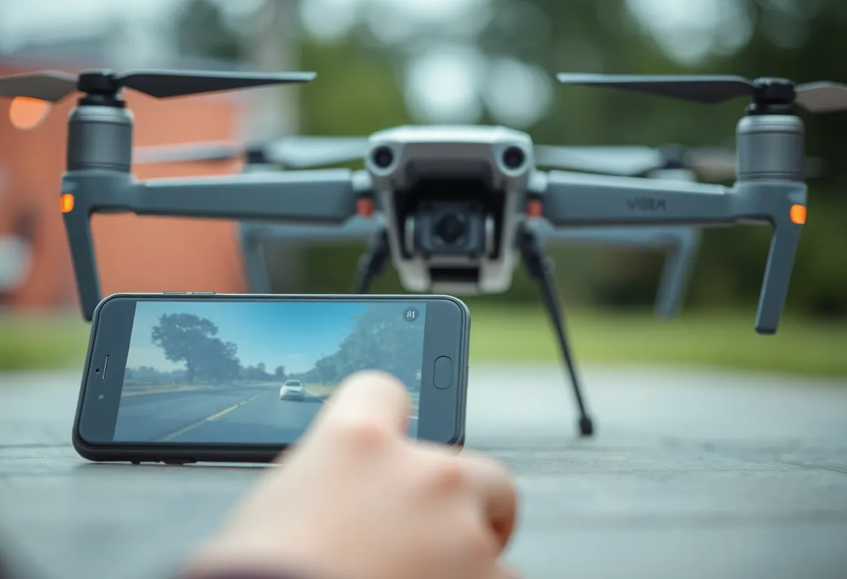 Smartphone with drone controller and modern drone in a tech setup