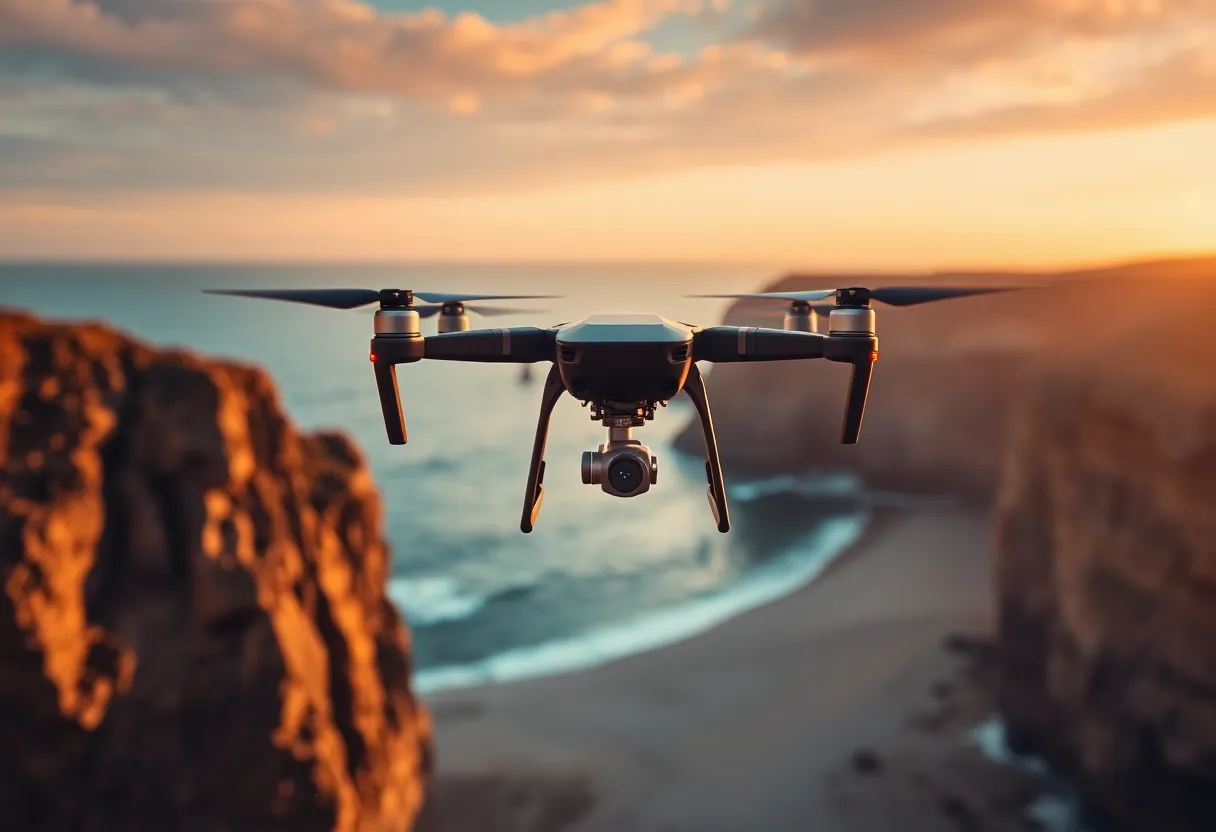 Professional drone in flight over coastal cliffs with golden light