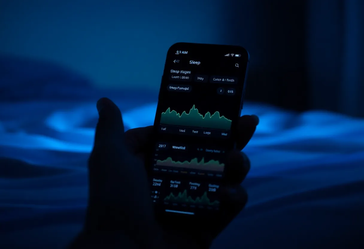 Sleep stages and biometric data on a smartphone screen in a dark room
