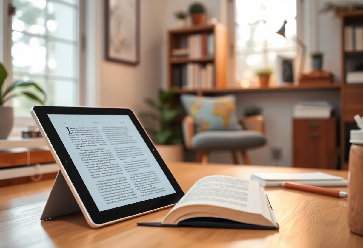 Tablet used for reading and note-taking in a cozy home office