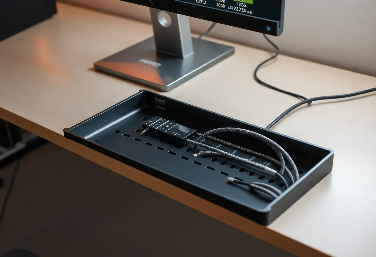 Desk cable tray and cable sleeves under a desk with organized power strip