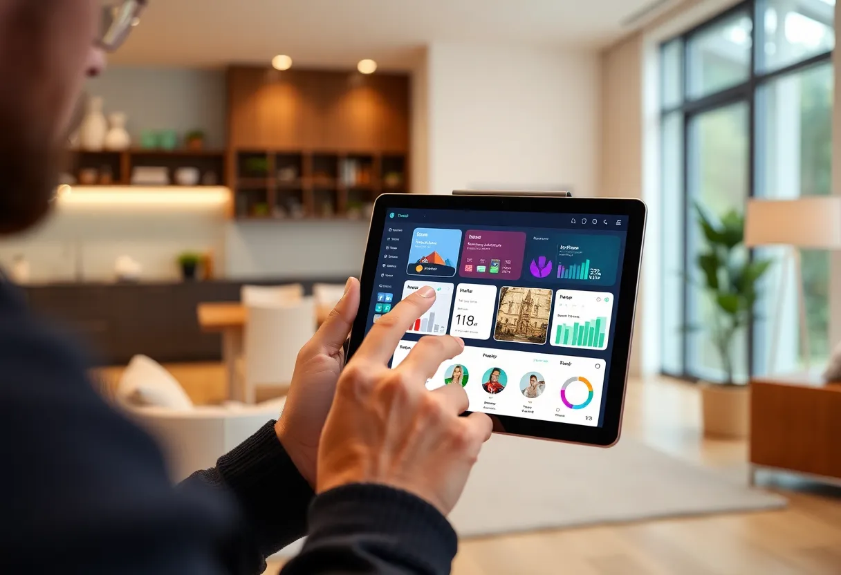 Person configuring smart home app on tablet with connected home dashboard