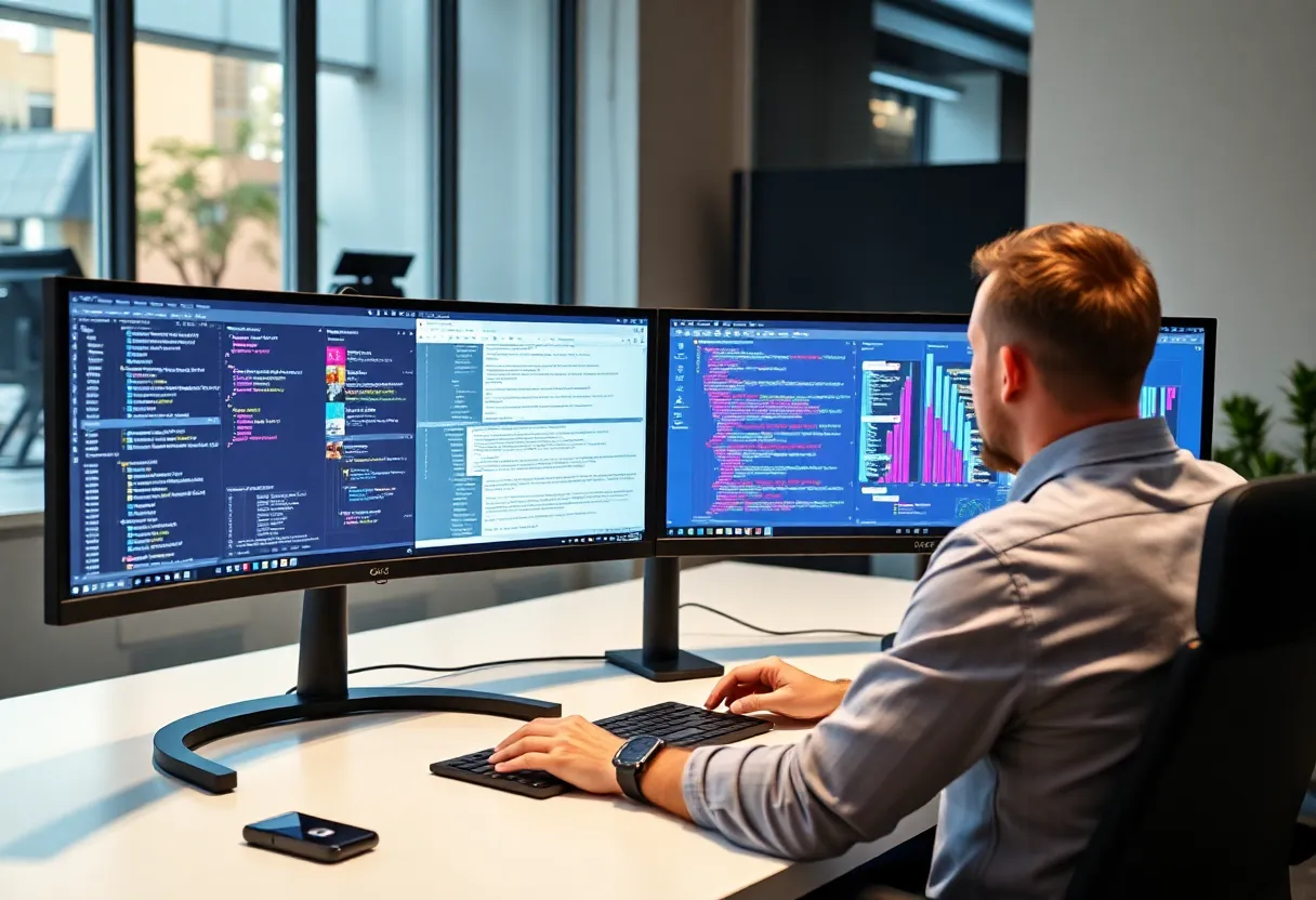 Person working at ultrawide monitor with side-by-side windows
