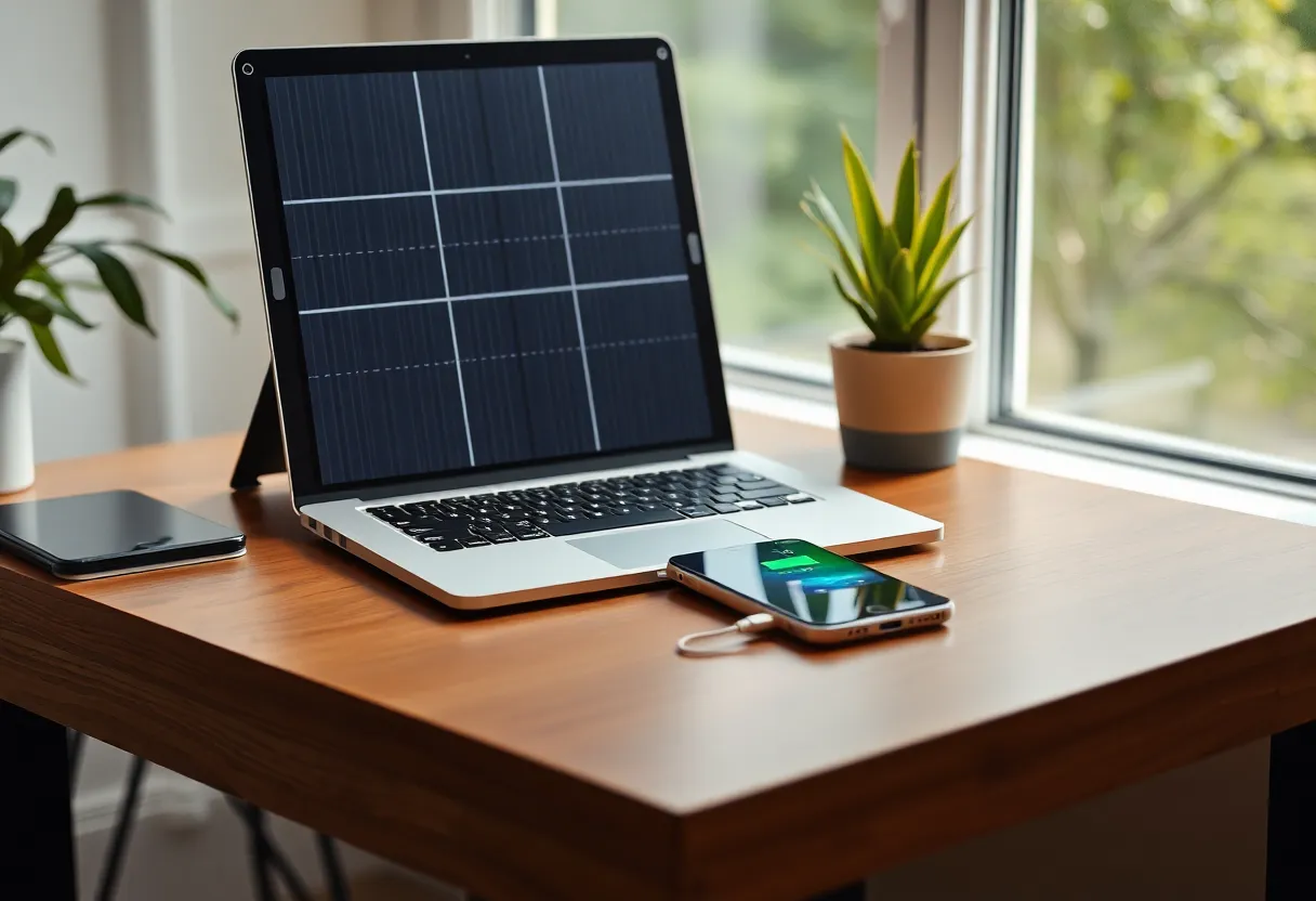 Portable solar panel charging laptop and phone at a desk near window