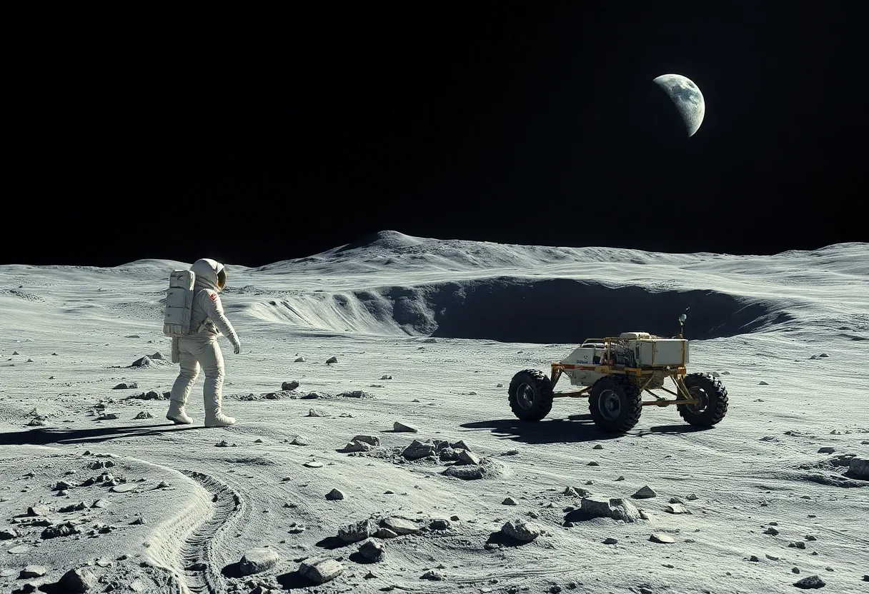 Astronaut and rover on moon surface near crater with Earth in sky