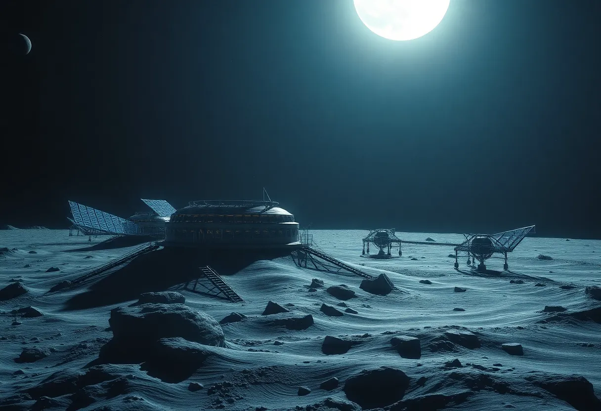Lunar habitat and solar arrays on moon, industrial space settlement