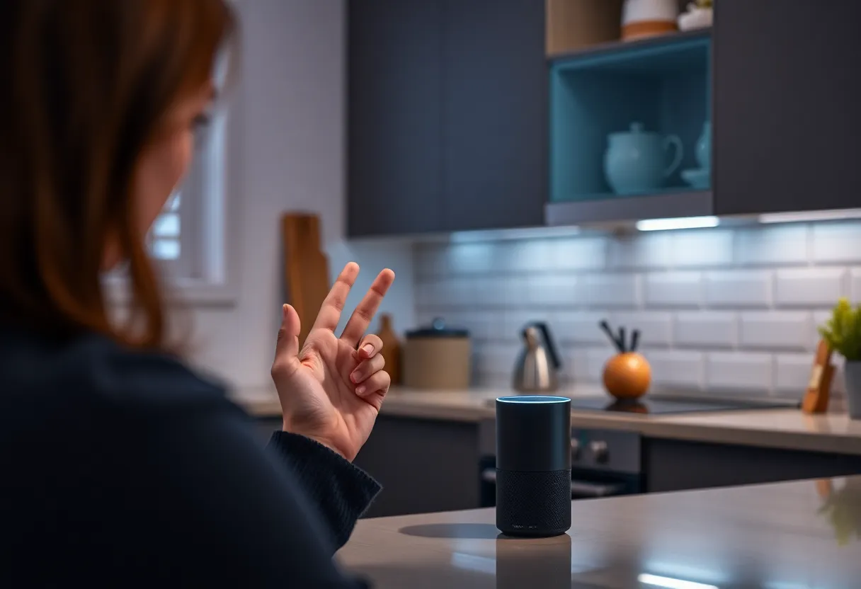 Person asking smart speaker a question in kitchen