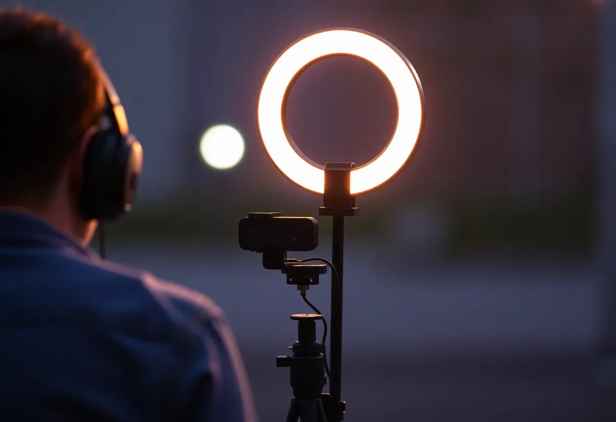 Streamer with portable LED ring light and webcam on the go