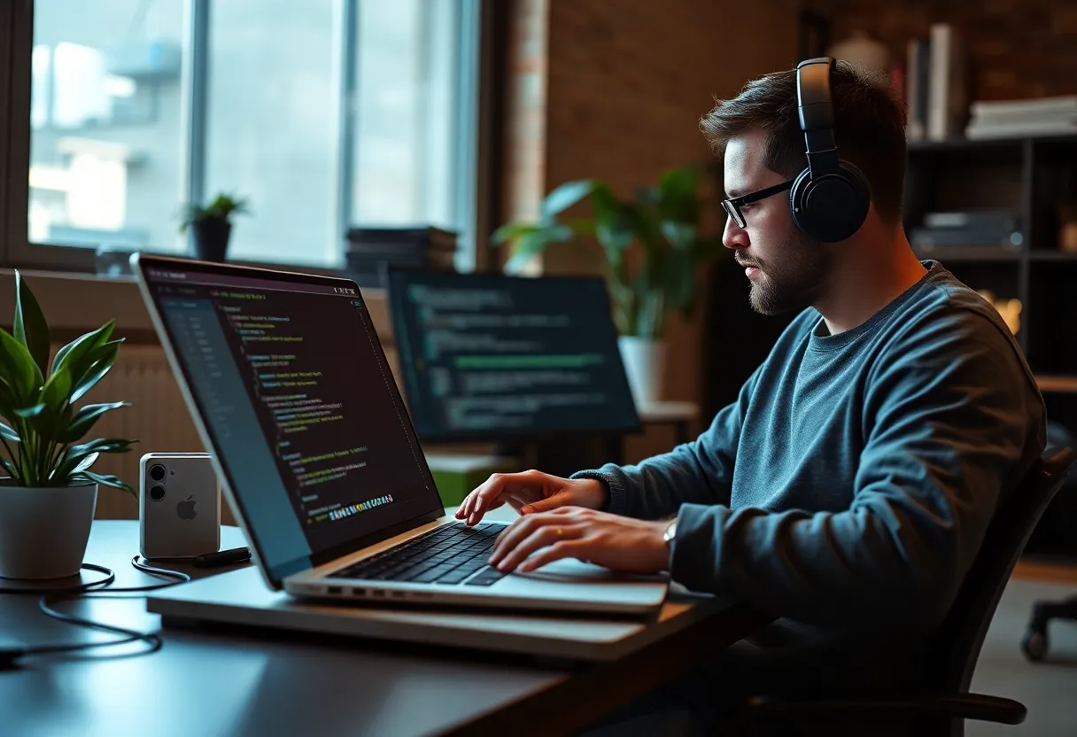 Developer coding on Chromebook with Linux or cloud IDE