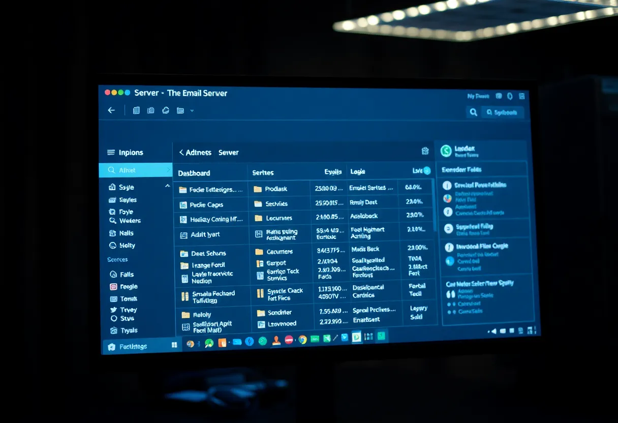 Email server dashboard on a monitor showing inbox and folders in a dim room