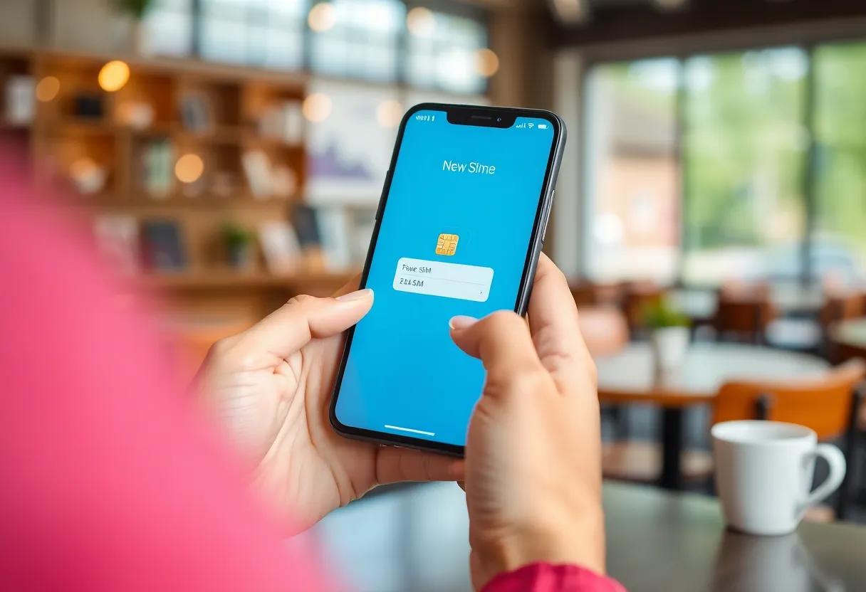 Person activating new phone or eSIM on smartphone screen in a coffee shop