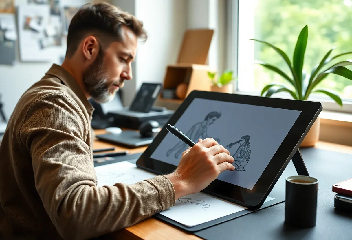 Artist hand drawing on a graphics tablet with stylus at a focused desk setup.