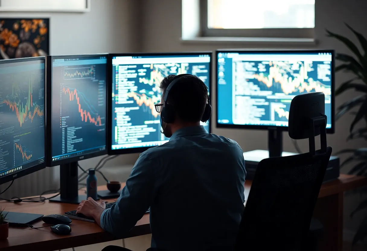 Developer working at desktop workstation with multiple screens