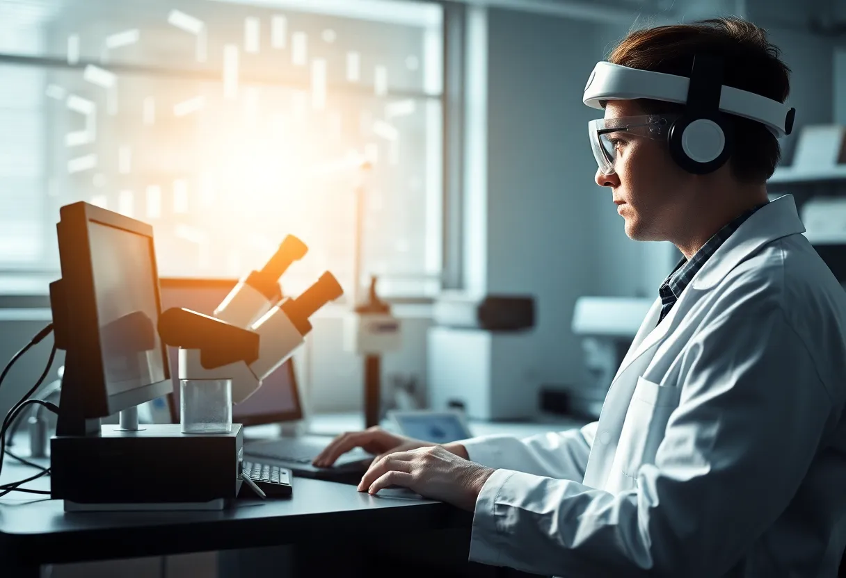 Research lab with neural interface or EEG headset, clinical but hopeful setting