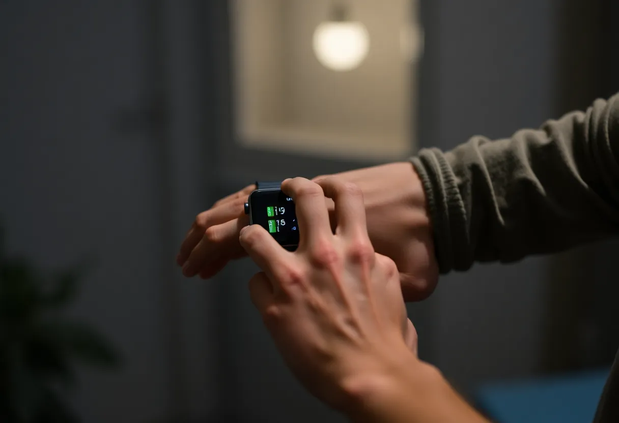 Person checking smartwatch for battery and notifications in casual setting.