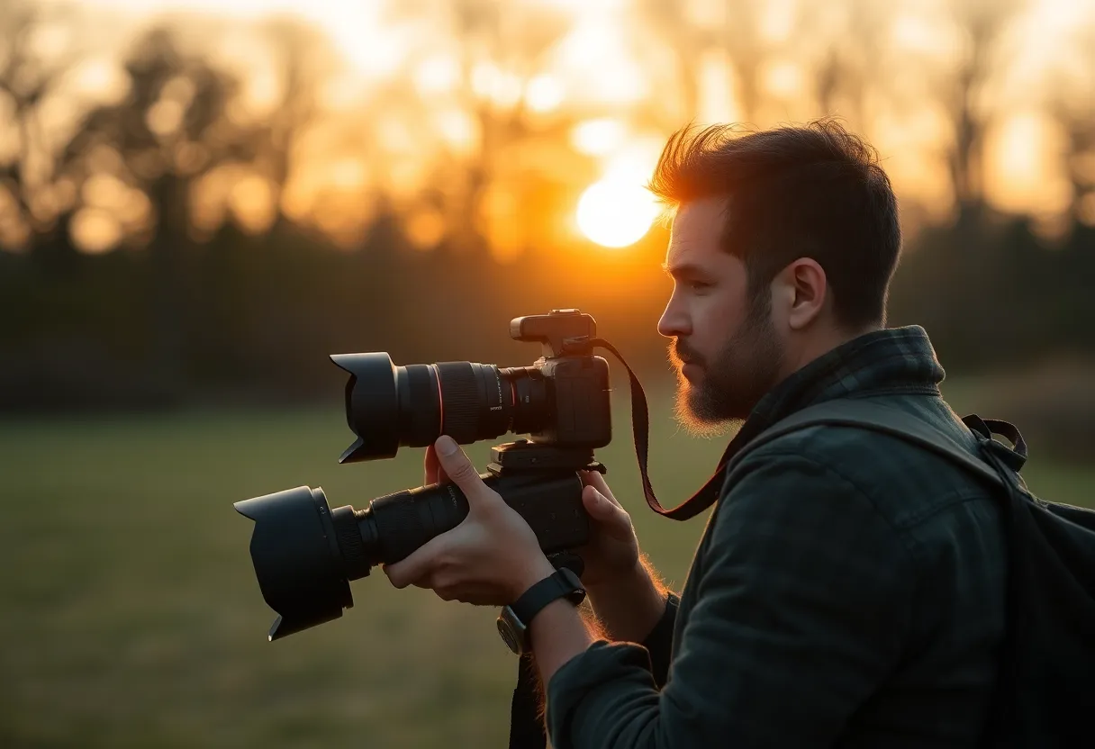 Photographer using dedicated camera in golden hour