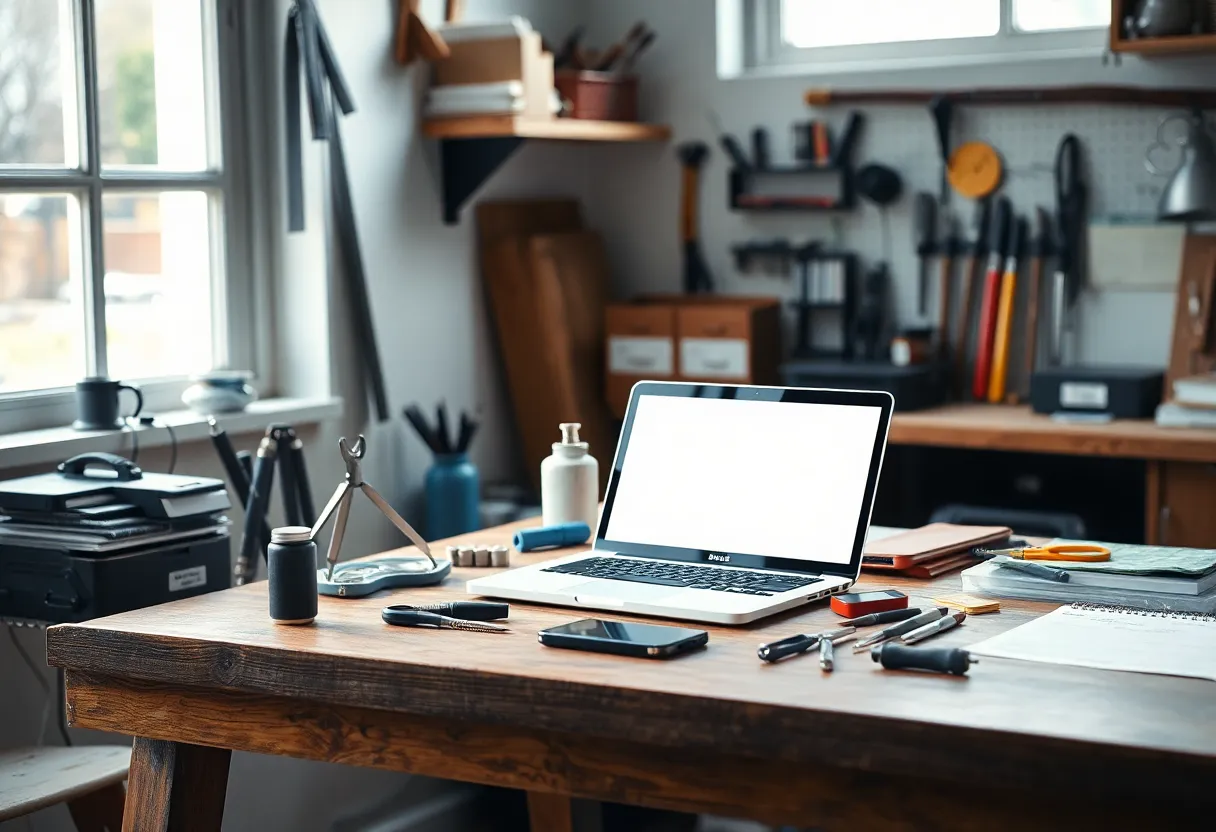 Workshop bench with opened laptop or phone and repair tools, maker space