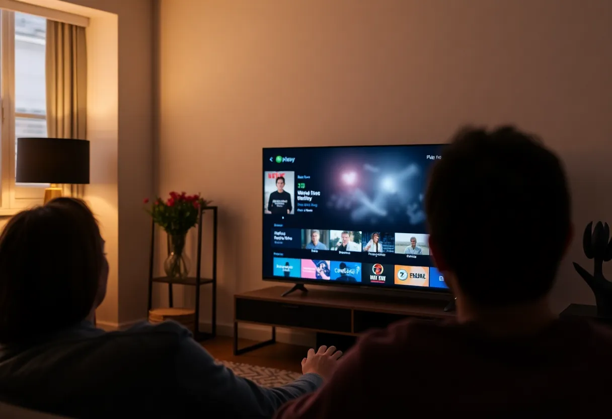 Person watching movie on TV with media server interface, living room