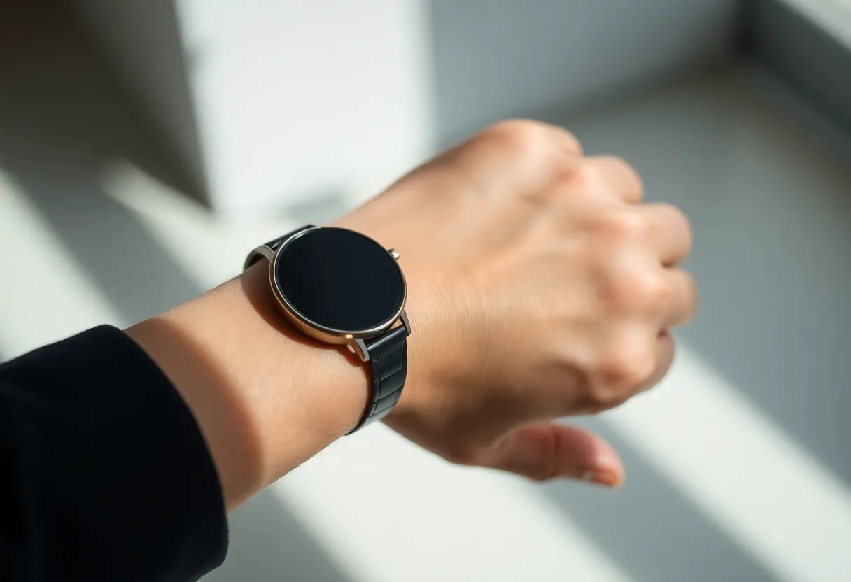 Minimalist smartwatch on wrist with essential features, daylight.