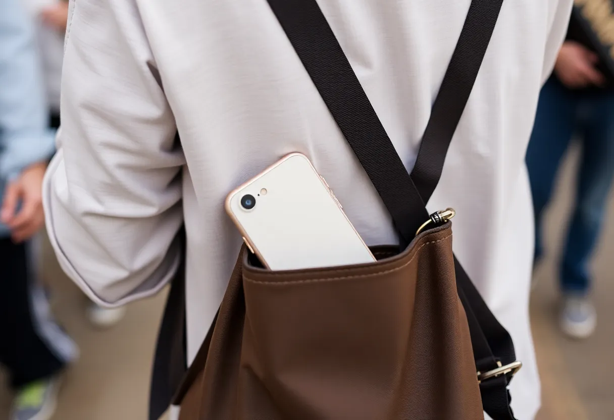 Person with simple backup phone in bag, casual lifestyle.