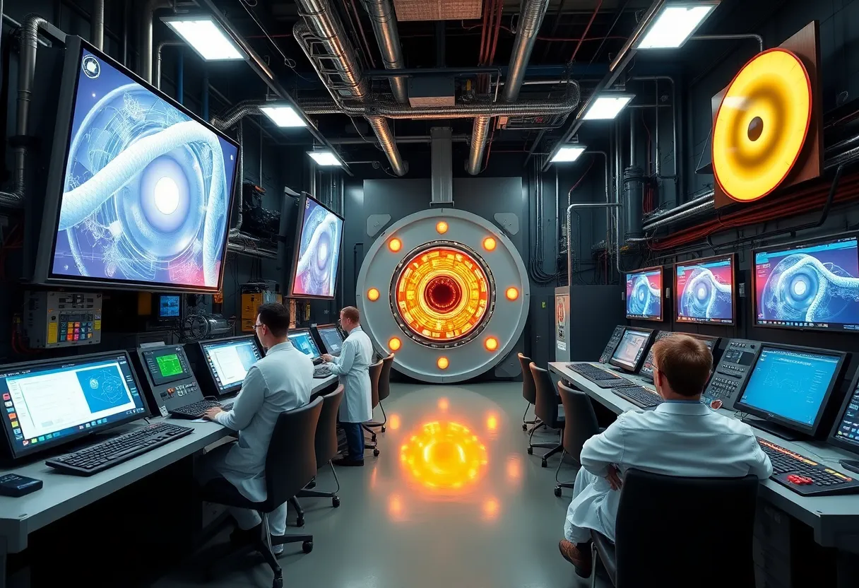 Nuclear fusion research facility with control panels and monitoring.
