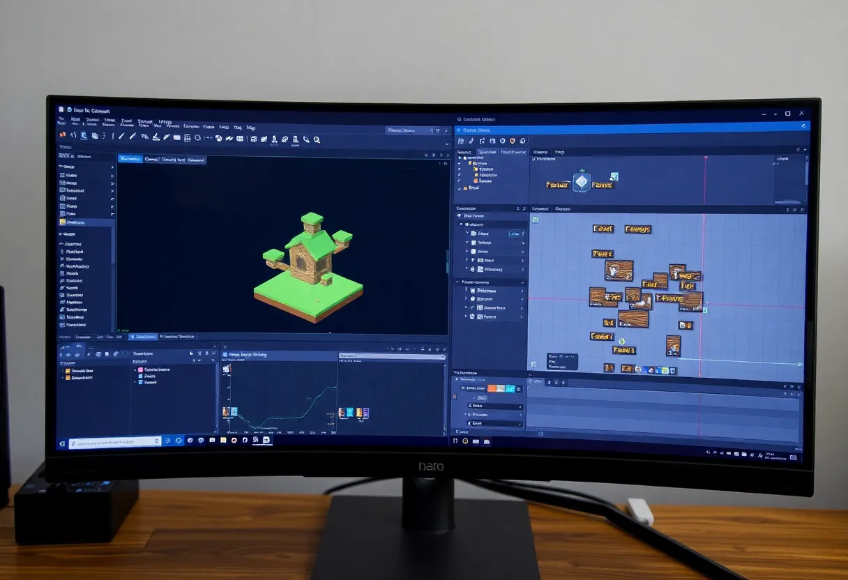 Game engine UI and level editor on monitor, indie development.