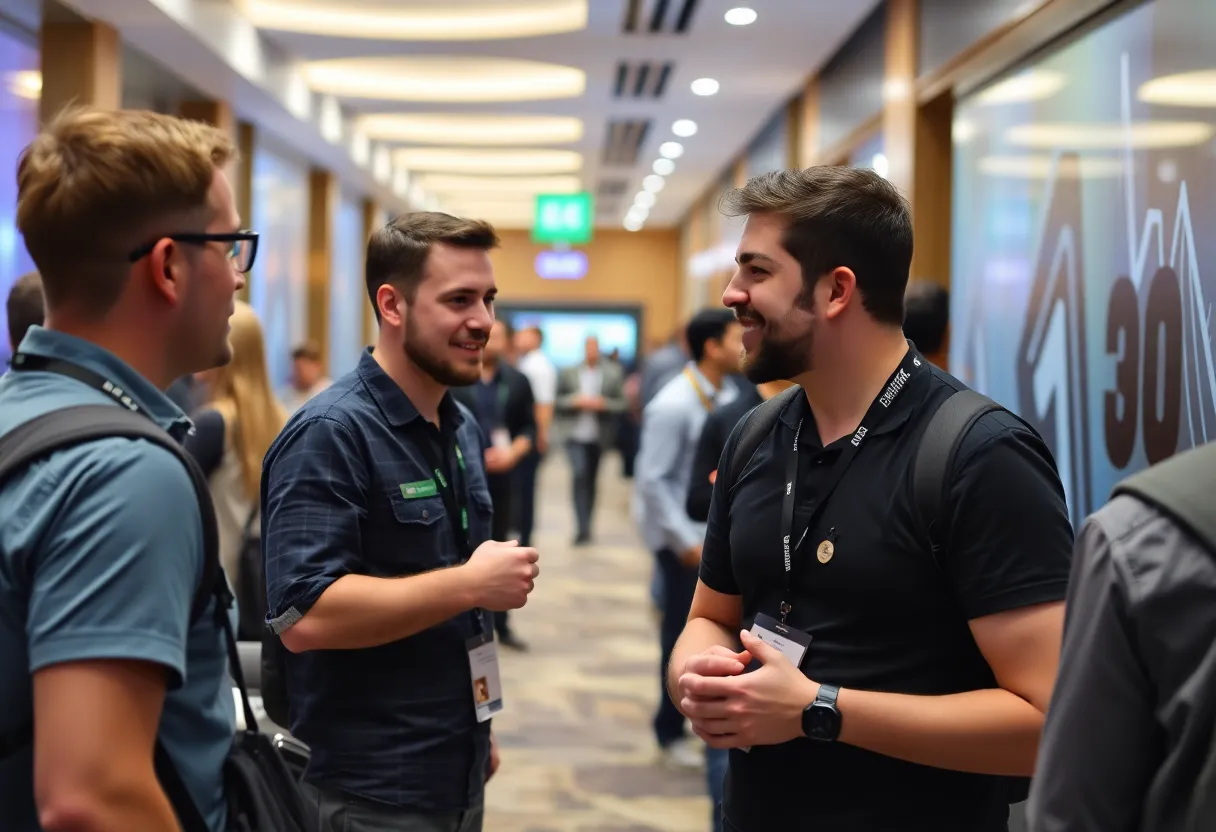 Developers networking at a tech conference, hallway conversation.