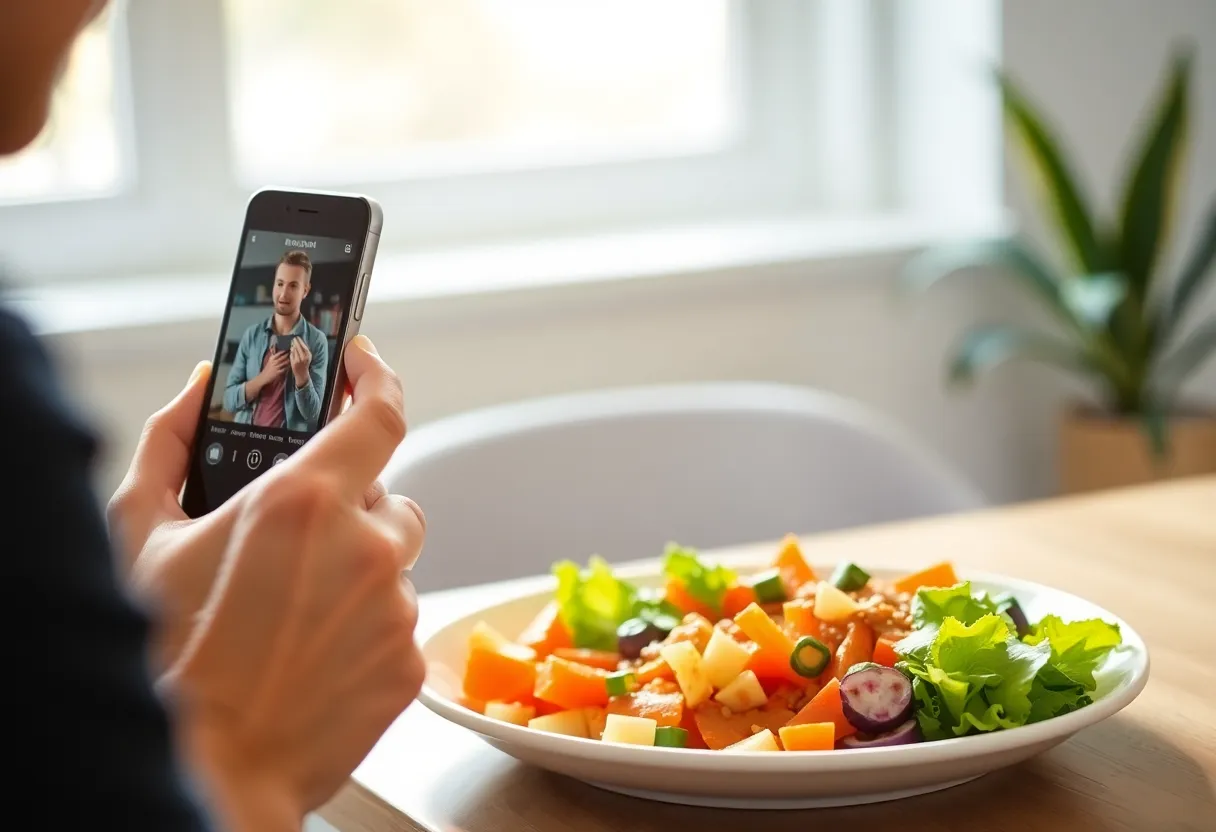 Person checking fitness app on phone while eating healthy meal