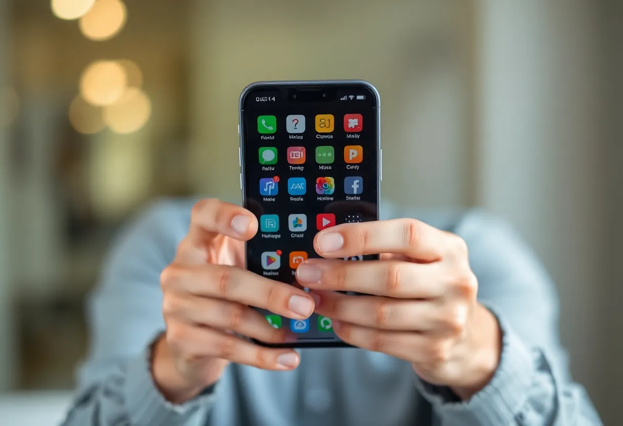 User using phone with multiple apps in multitasking mode