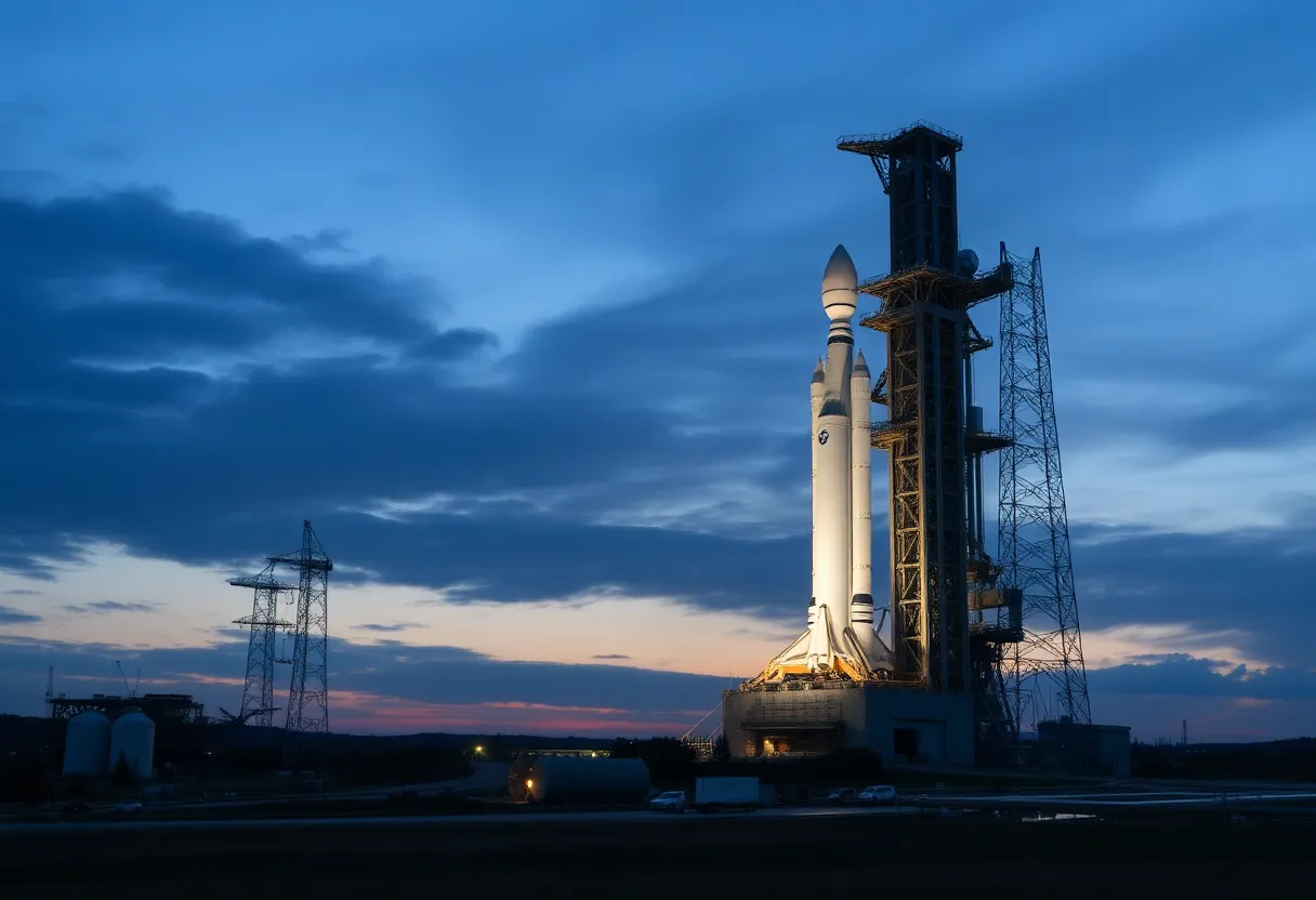 Rocket launch pad with commercial spacecraft at spaceport